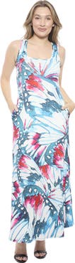 24seven Comfort Apparel Womens Butterfly Sleeveless Scoop Neck A-Line Pocket Maxi Dress