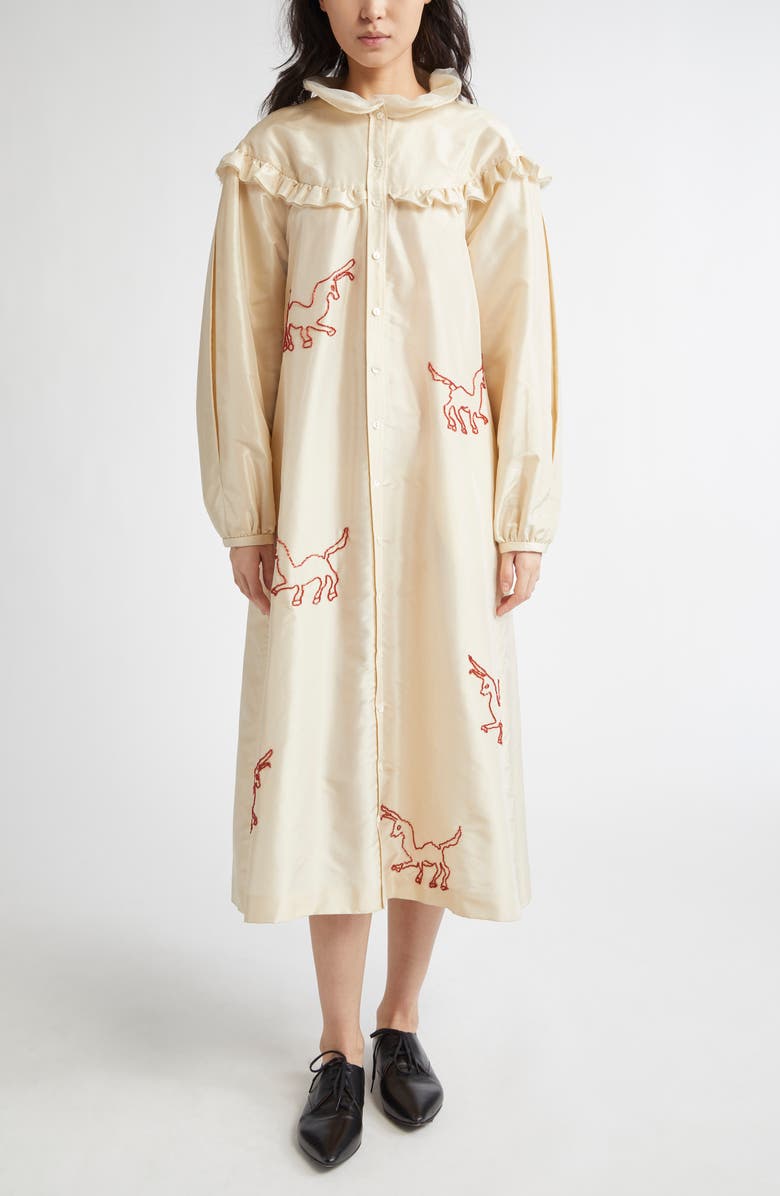 Meruert Tolegen Goat Beaded Ruffle Taffeta Coat, Main, color,