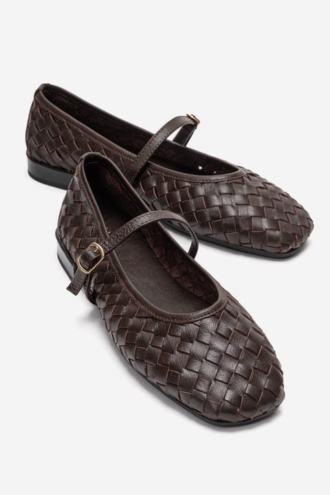 Yevora Leather Woven Strap Ballet Flat