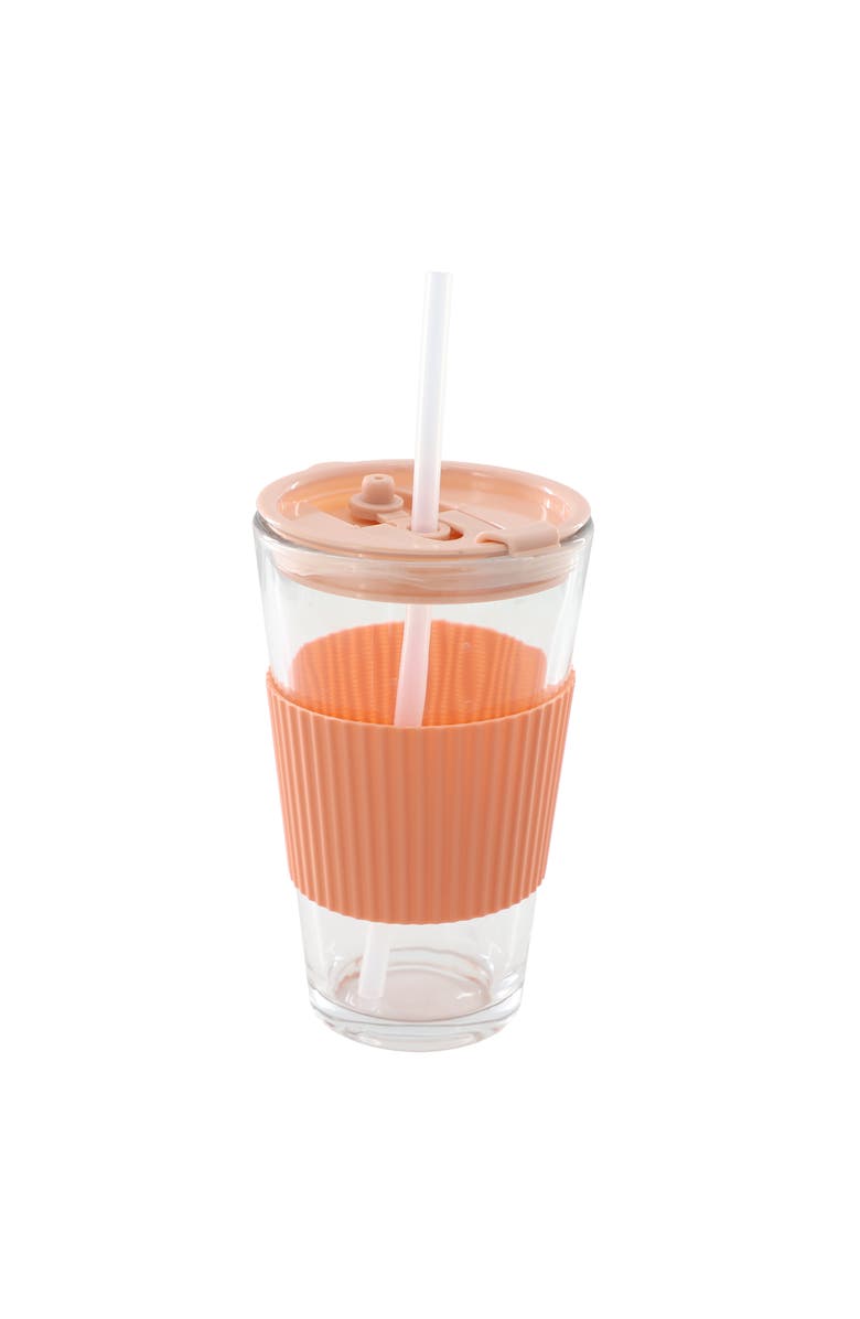 Mr. Coffee Sip Savvy 4 Piece 15 Ounce Silicone Sleeve Glass Cup Set w/ Lid and Straw, Alternate, color, Pink