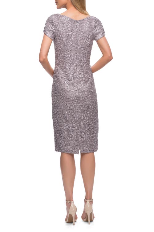 La Femme Below The Knee Dress With Beautiful Lace And Short Sleeves In Dark Mauve
