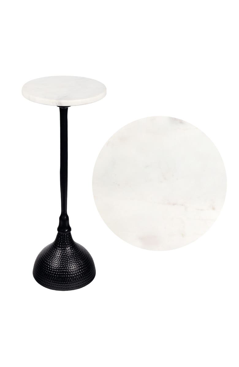 JONATHAN Y Ava 23.75" Art Deco Contemporary Metal Pedestal Drink Table and Decorative End Table with White Marble Round Top and Hammered Base, Main, color, Black