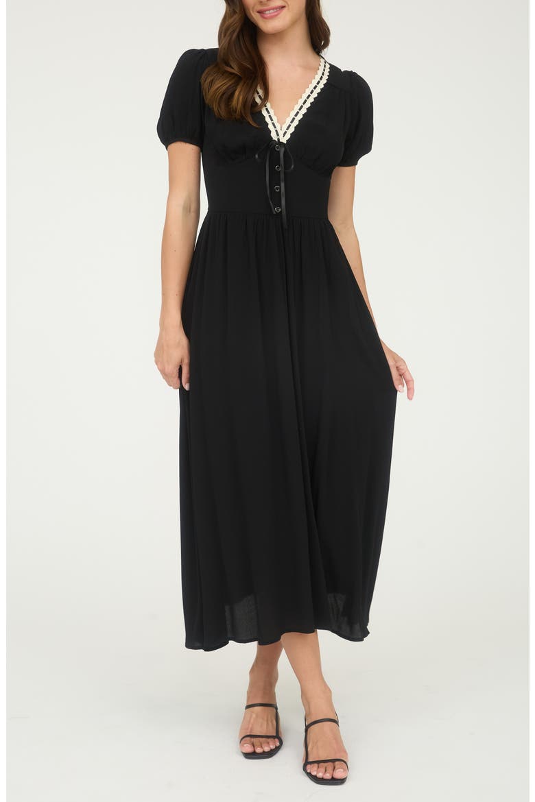 Puff Sleeve A-Line Midi Dress, Main, color, BLACK