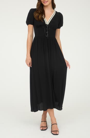 Blu Pepper Puff Sleeve A-line Midi Dress In Black