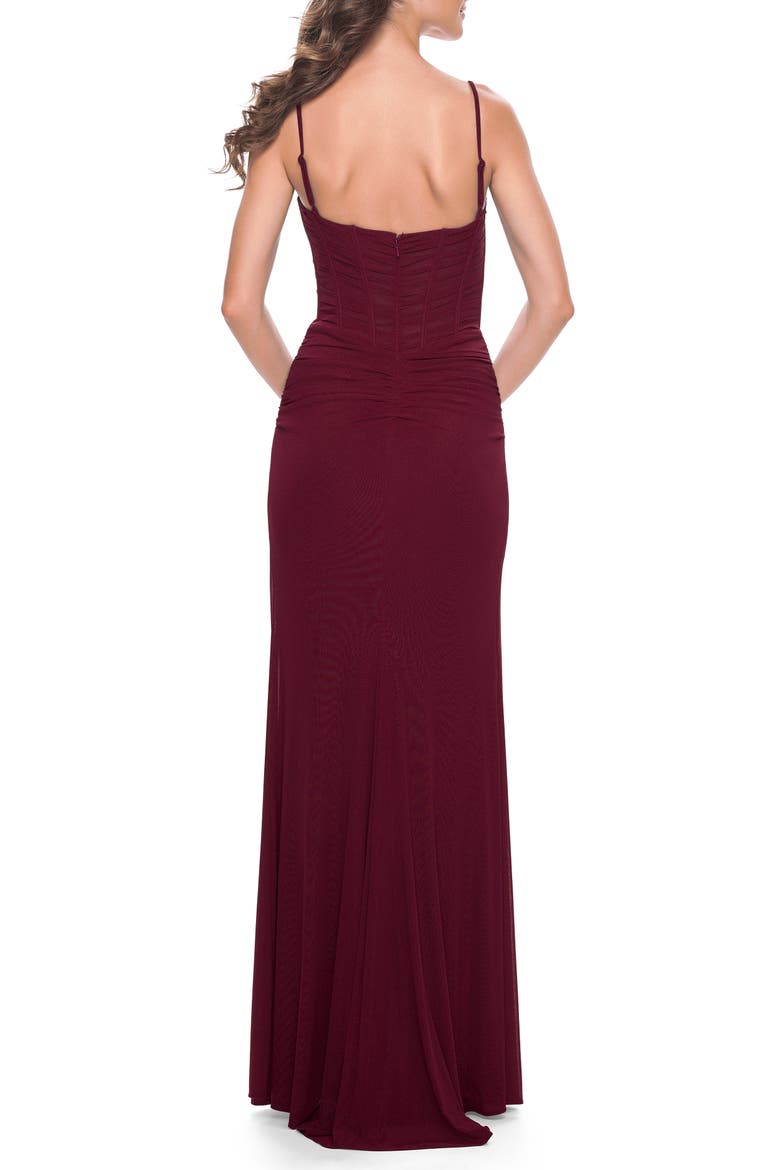 Net Jersey Fitted Dress with Ruched Bustier Top, Alternate, color, Wine