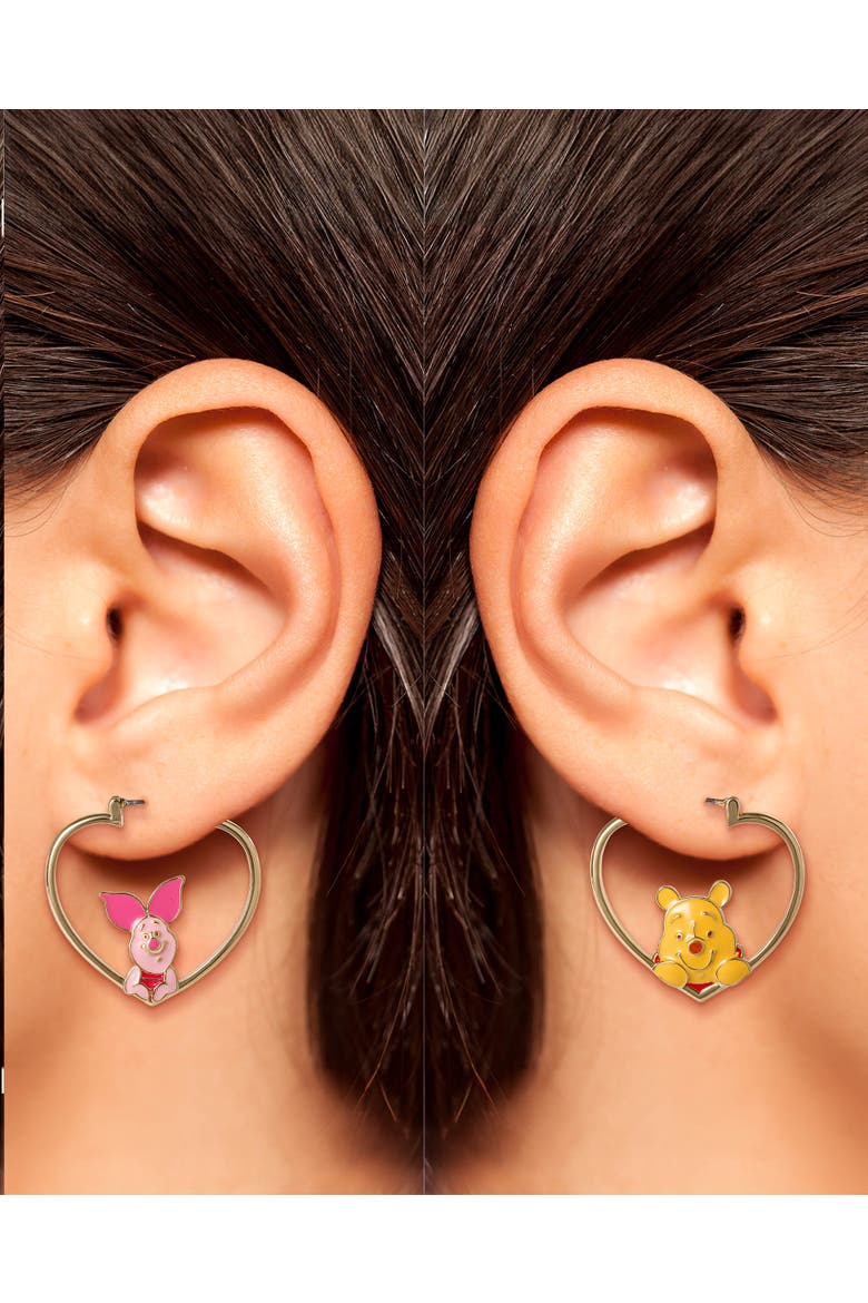 Winnie The Pooh And Piglet Mismatched Heart Hoop Earrings, Alternate, color, Gold