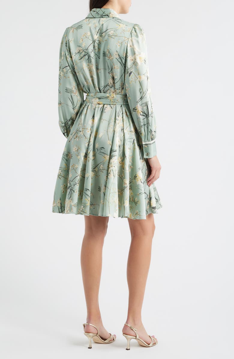 Anne Klein Long Sleeve Tie Belt Satin Twill Shirtdress, Alternate, color, Soft Aloe Multi