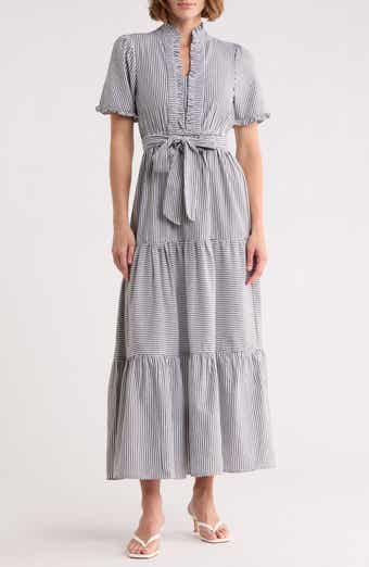 London Times Stripe Short Sleeve Cotton Seersucker Maxi Dress