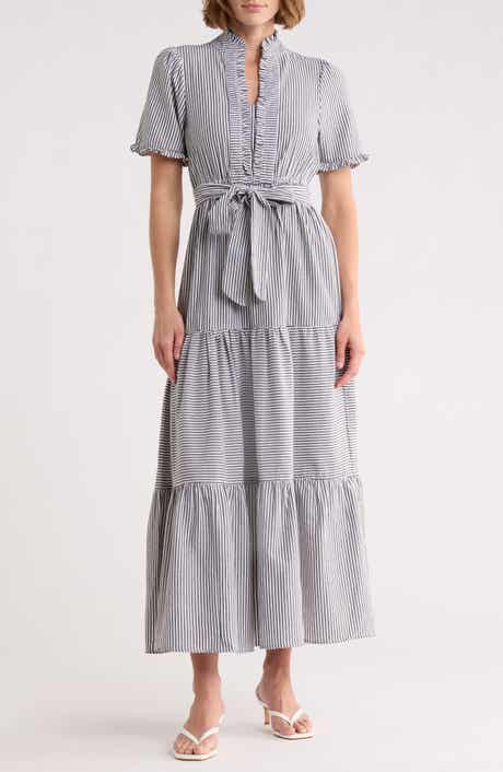 London Times Stripe Short Sleeve Cotton Seersucker Maxi Dress
