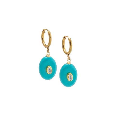 Oval Charm Bezel Natural Stone Drop huggie Earrings