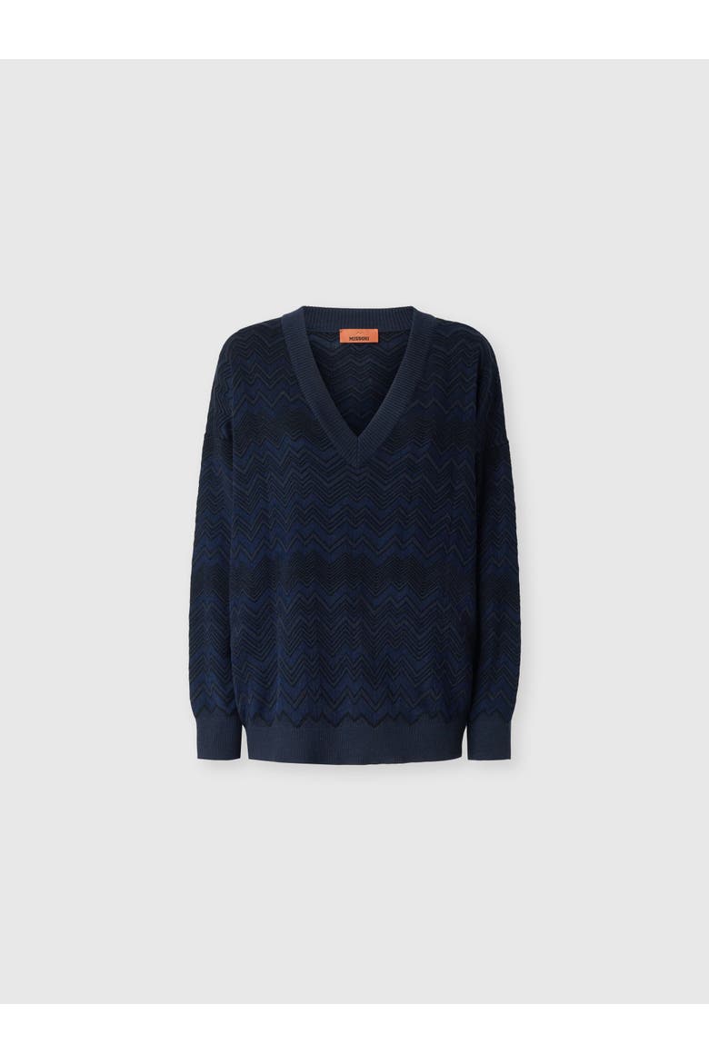 Zig Zag Viscose And Wool V-neck Sweater, Main, color, Navy Blue
