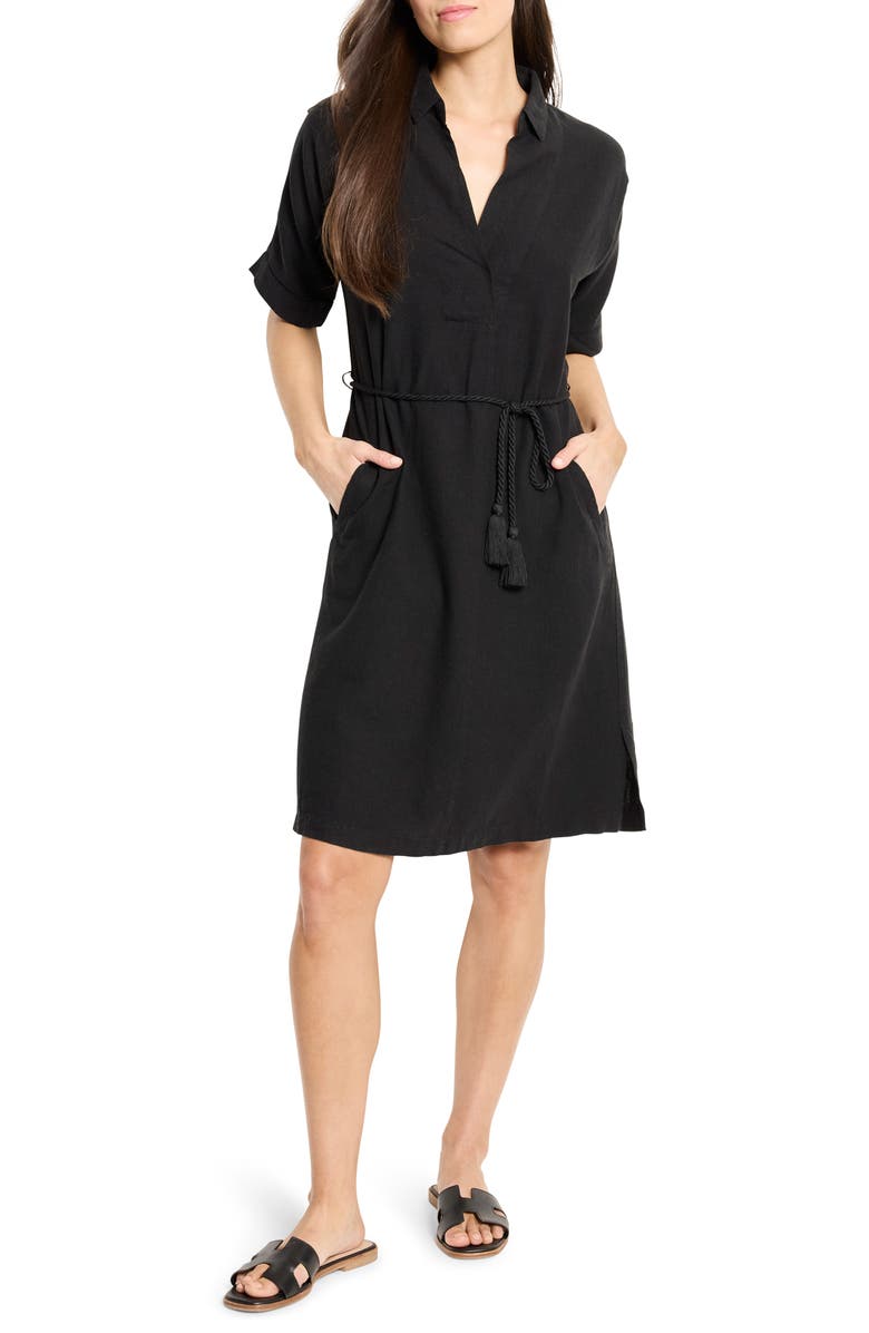 NIC+ZOE Rumba Tie Belt Linen Blend Shirtdress, Main, color, Black Onyx