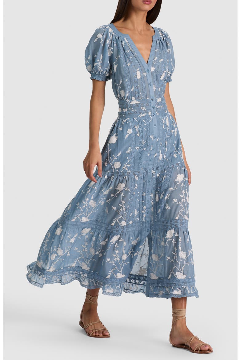 Kathryn Lace Trim Cotton Midi Shirtdress, Alternate, color, DEEP DENIM BLUE/ VANILLA