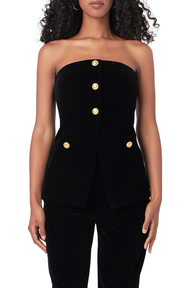 Endless Rose Velvet Button Front Strapless Top, Main, color, 
