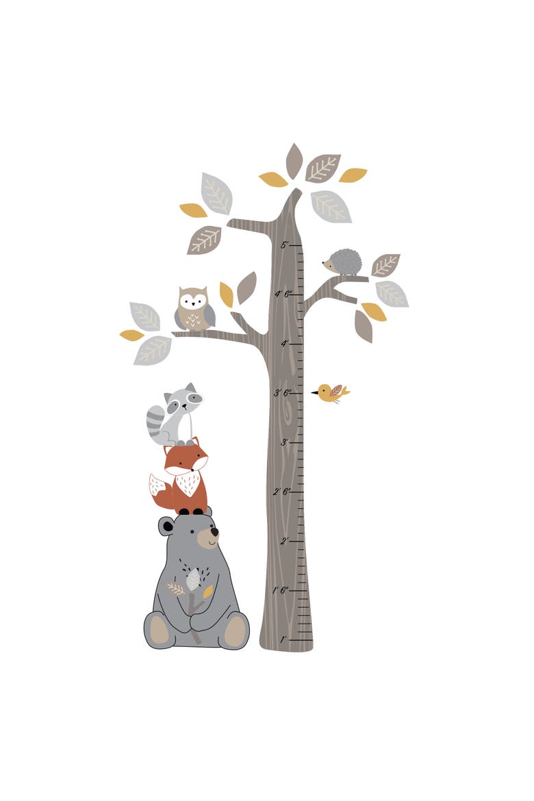 Woodland Forest Tree with Animals Kids Growth Chart Wall Decals, Main, color, Brown