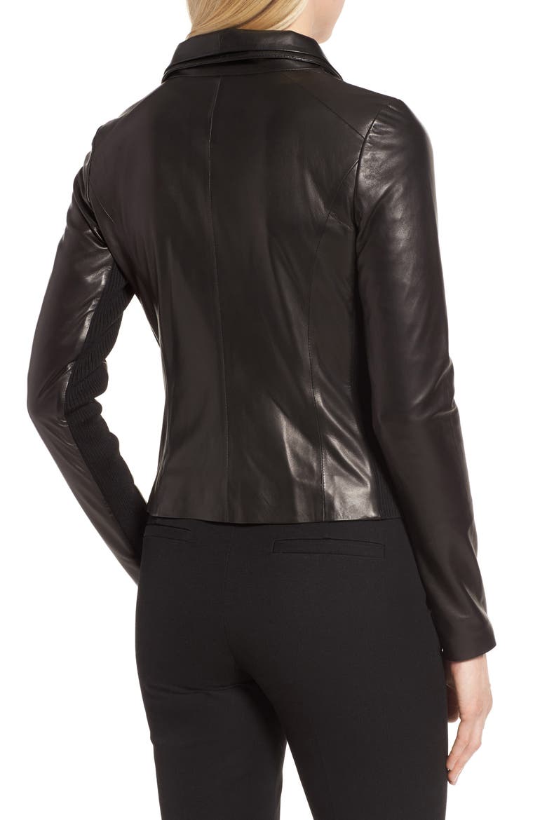 Stand Collar Leather Jacket, Alternate, color, BLACK