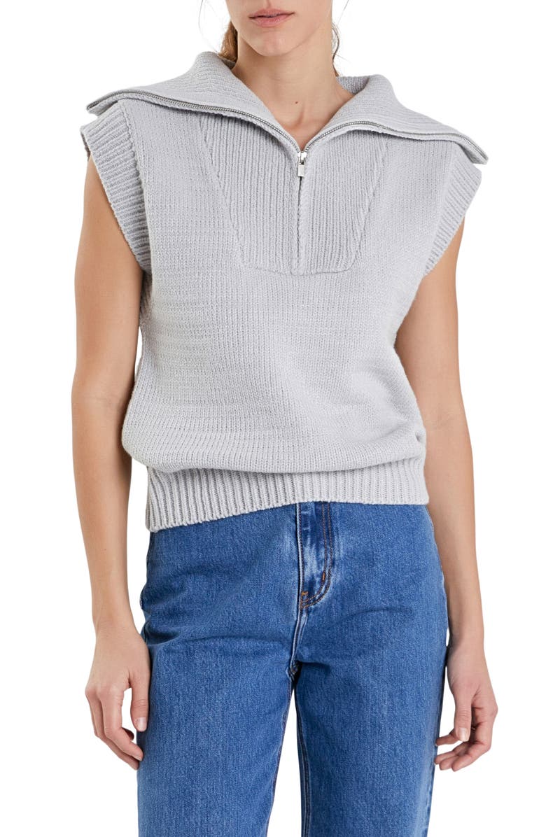 English Factory Zip Mock Neck Cap Sleeve Sweater, Main, color, Grey