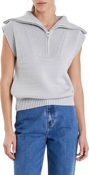 English Factory Zip Mock Neck Cap Sleeve Sweater