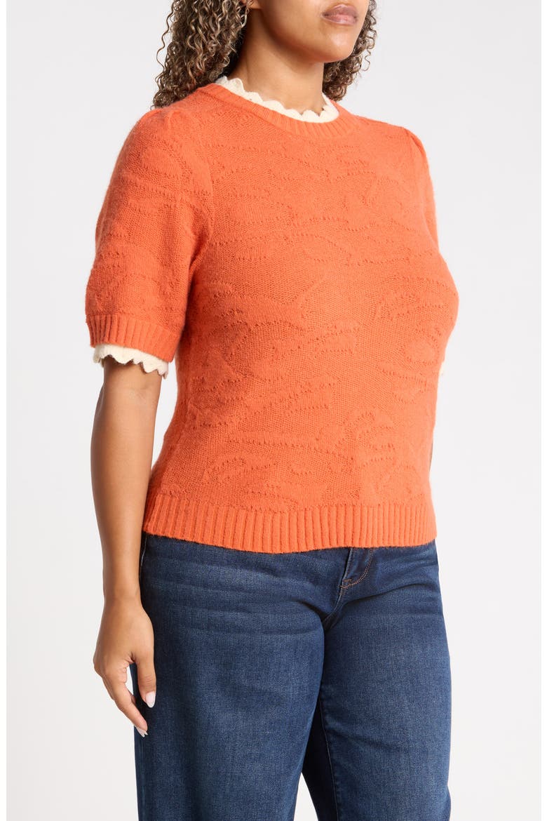 Scallop Trim Puff Sleeve Sweater, Alternate, color, SUNRISE/ ECRU