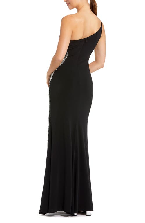 Mac Duggal One Shoulder Jersey Gown With Embellished Cut Out In Black