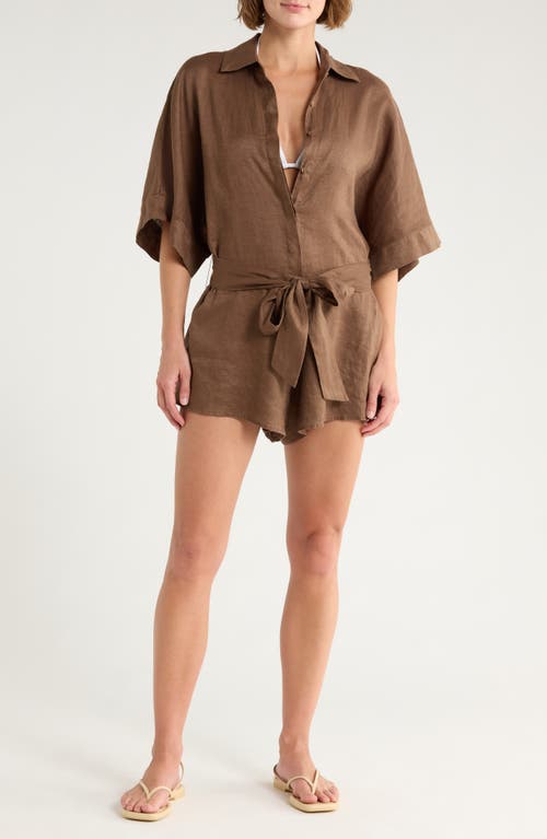 Elan Linen Cover-up Romper In Brown