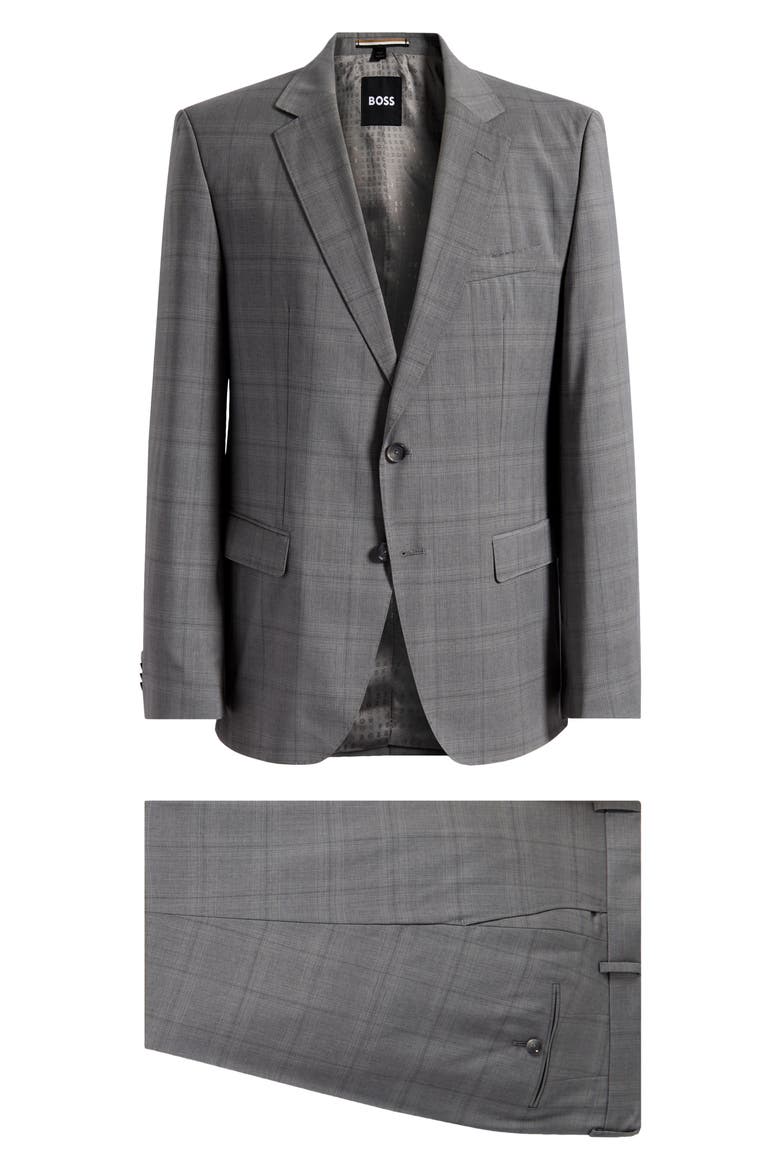 Huge Slim Fit Brown Windowpane Check Virgin Wool Suit, Main, color, SILVER