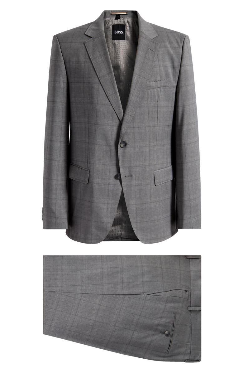 BOSS Huge Slim Fit Brown Windowpane Check Virgin Wool Suit, Main, color, Silver