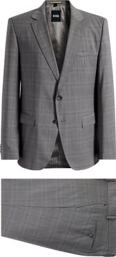 BOSS Huge Slim Fit Brown Windowpane Check Virgin Wool Suit