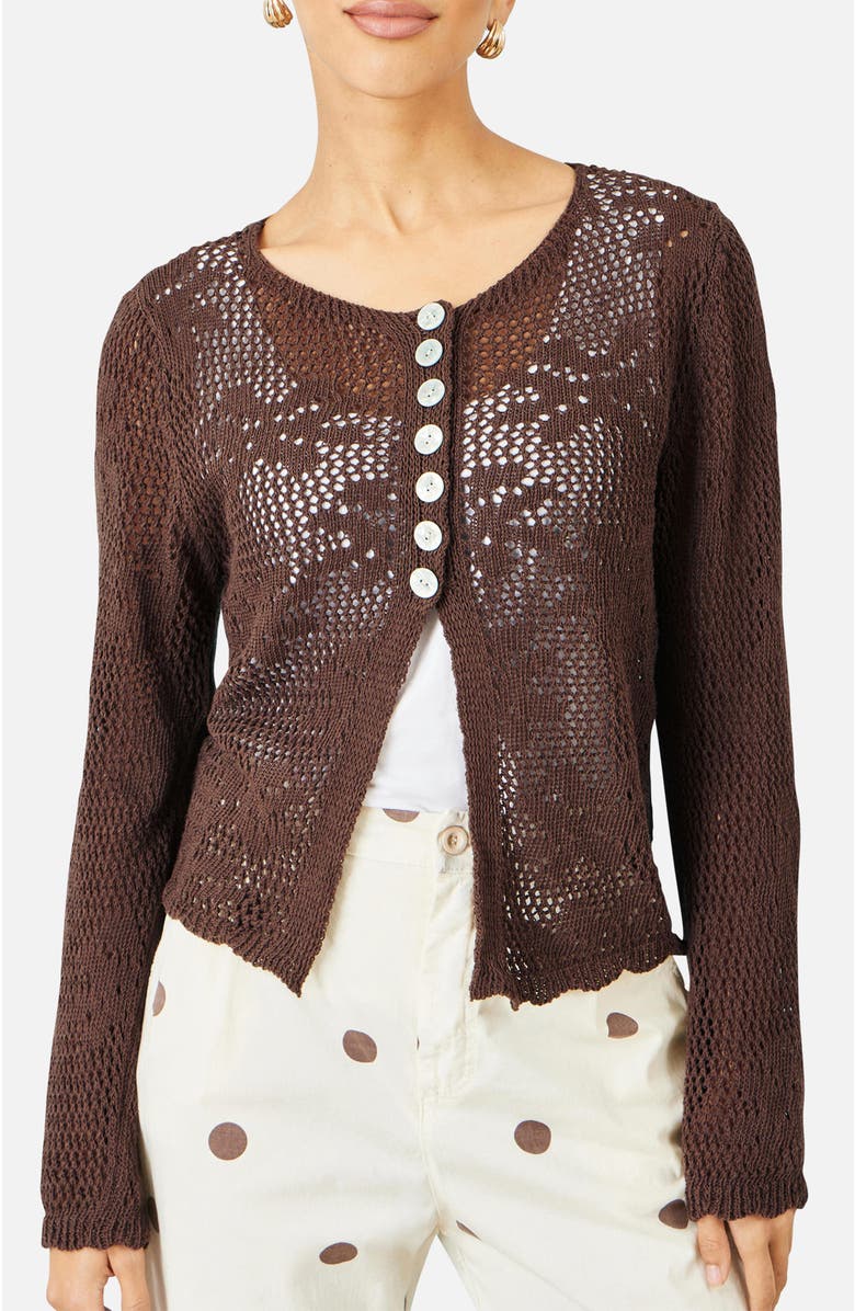 Yumi Flower Crochet Button Up Cardigan, Alternate, color, Brown