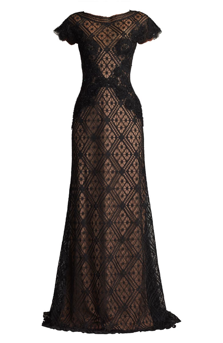 Tadashi Shoji Embellished Flutter Sleeve Lace Mermaid Gown, Alternate, color, Black/ Nude