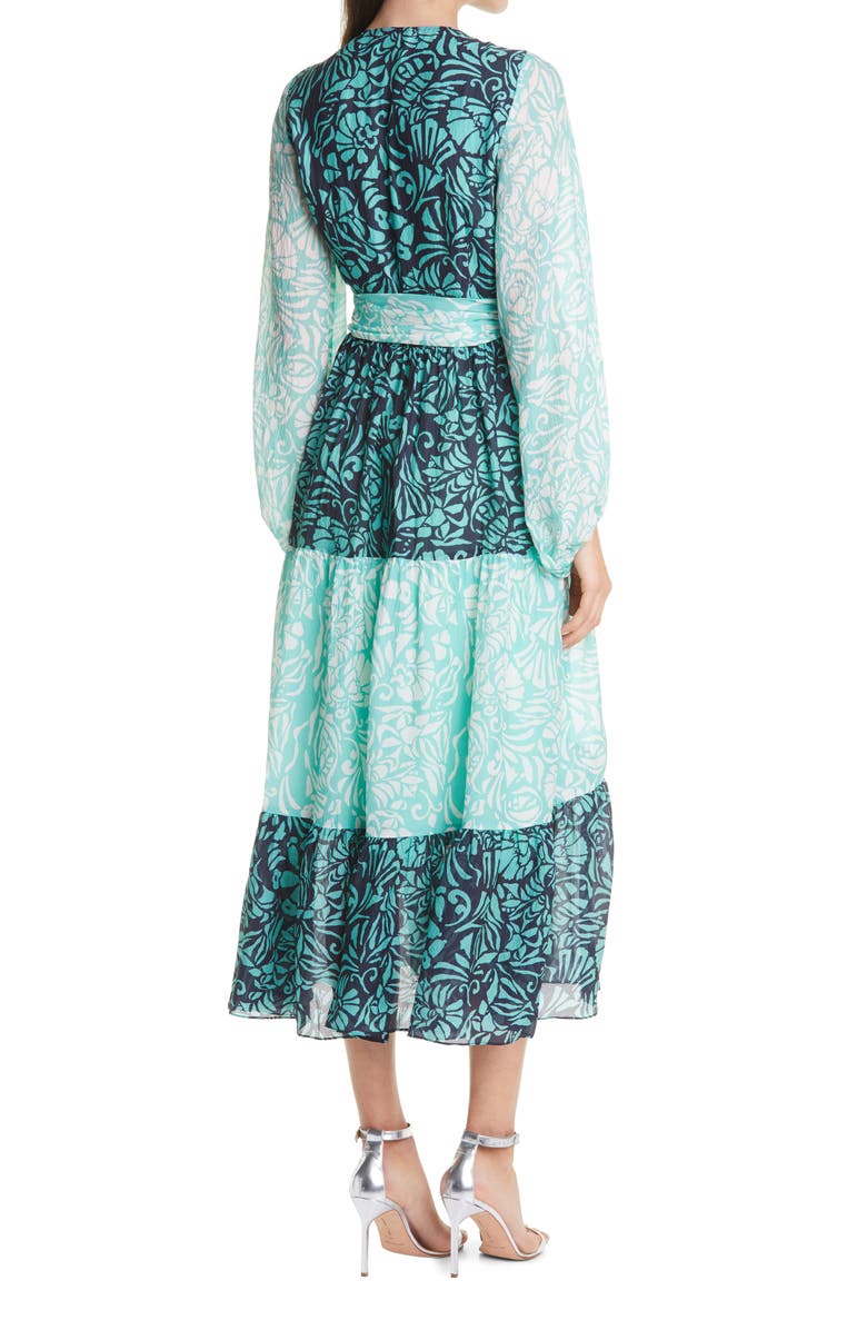 Tanya Taylor Liza Long Sleeve Tie Waist Silk Midi Dress, Alternate, color, 