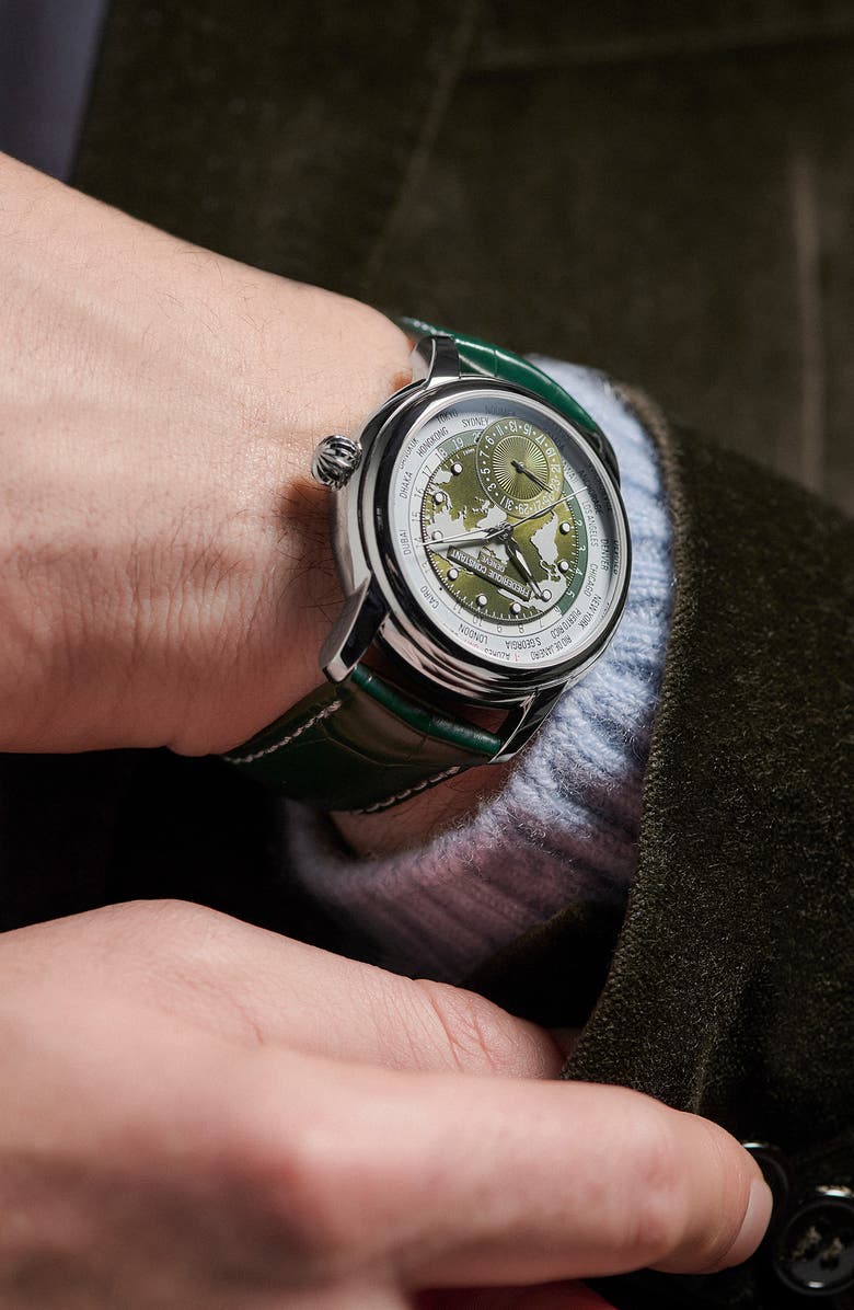 FREDERIQUE CONSTANT Classic Manufacture Worldtimer Green Automatic Leather Strap Watch, 42mm, Alternate, color, 