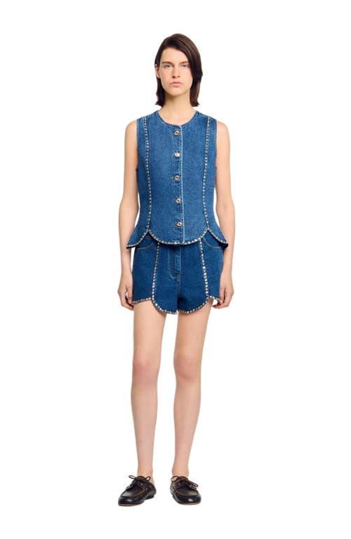 Sandro Rhinestone Denim Top In Blue