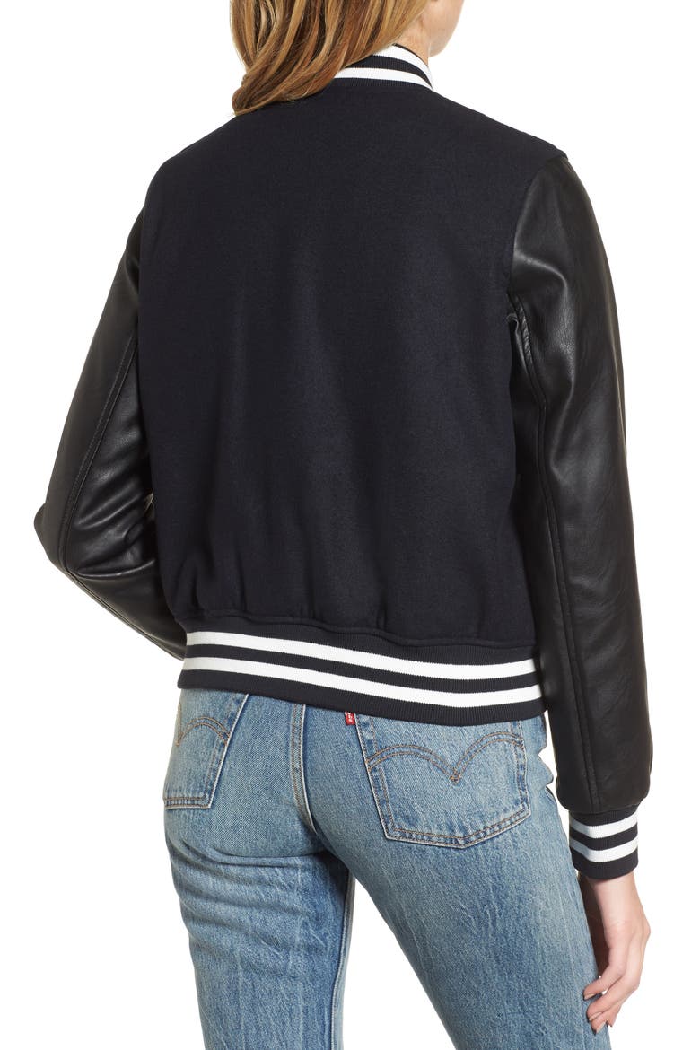 LEVIS® Mixed Media Varsity Bomber Jacket, Alternate, color, NAVY