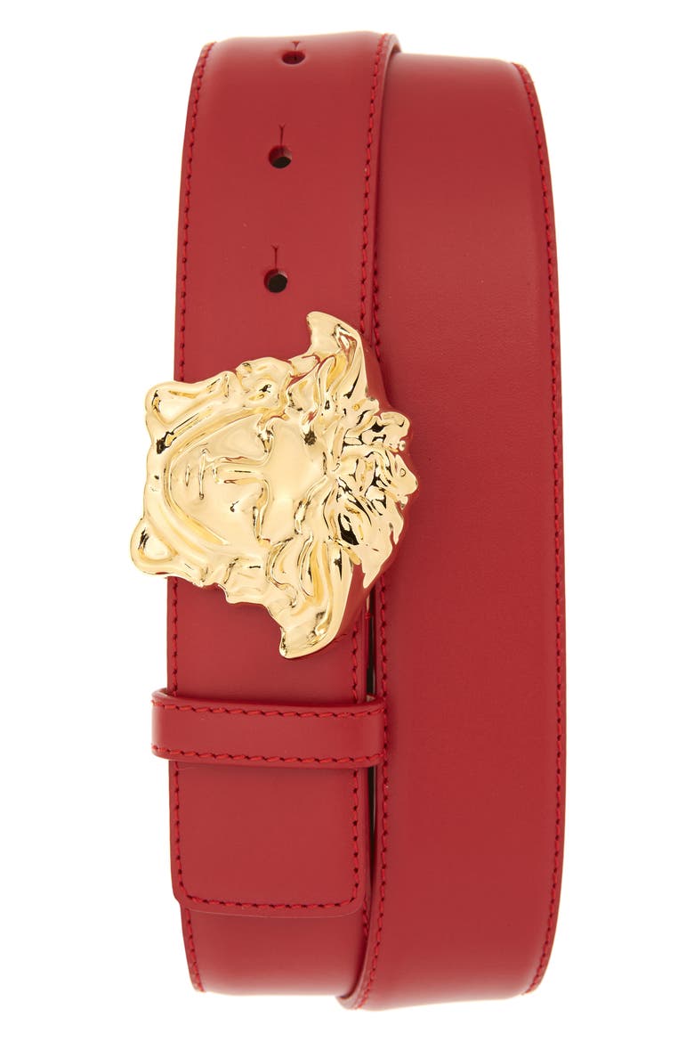Medusa Head Leather Belt, Main, color, GERANIUM WARM GOLD