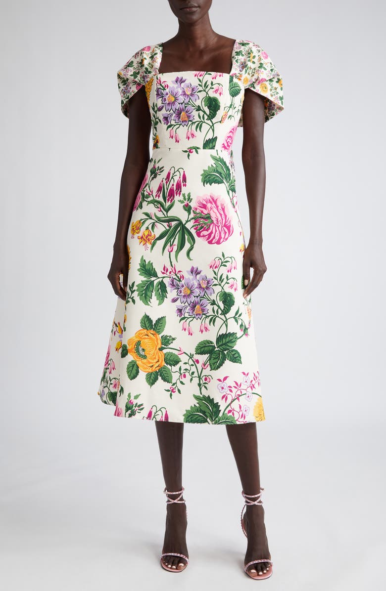 Carolina Herrera Mixed Floral Draped Short Sleeve Dress, Main, color,