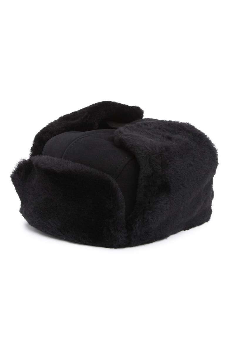 UGG<sup>®</sup> UGG Suede Genuine Shearling Trapper Hat, Main, color, Black