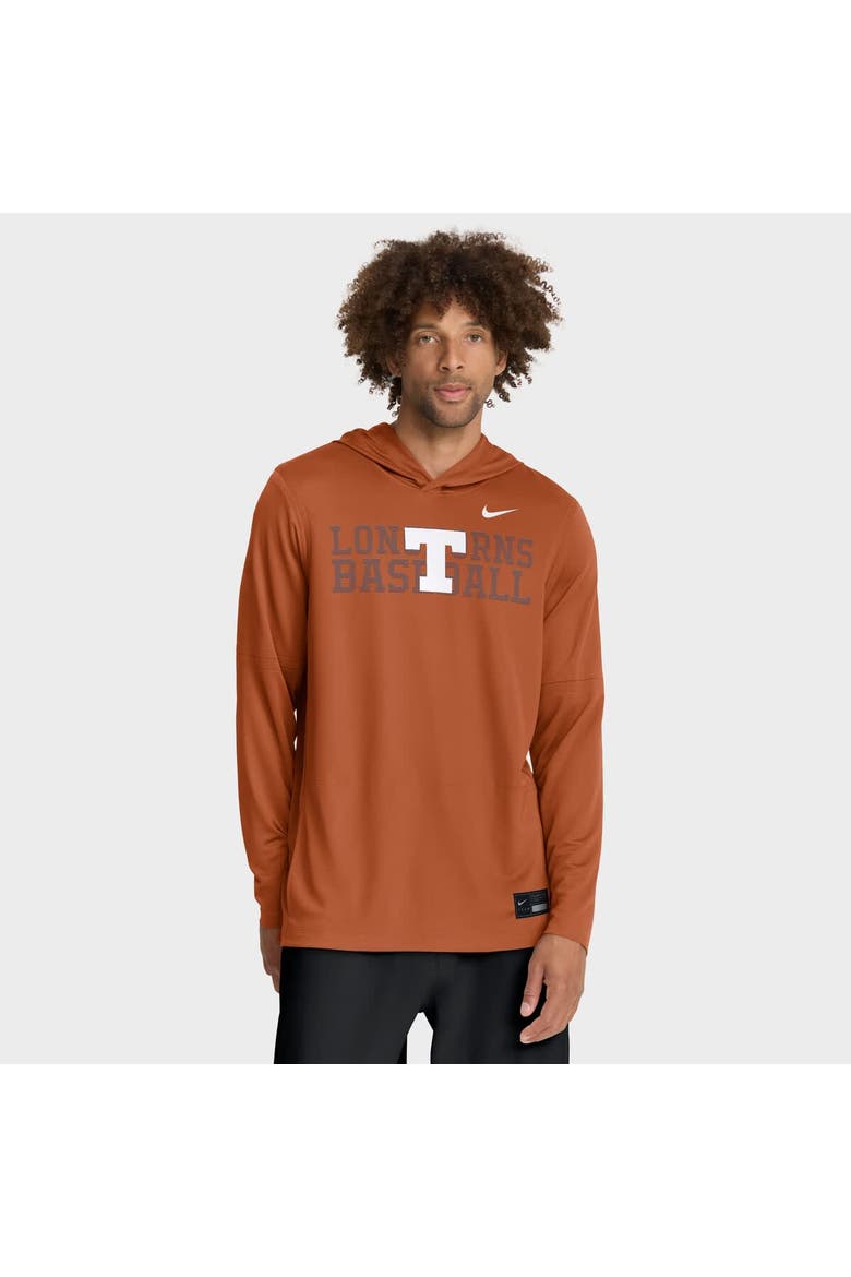Men's Nike Texas Orange Texas Longhorns Dugout Dri-FIT Long Sleeve Hooded T-Shirt, Main, color, Burnt Orange