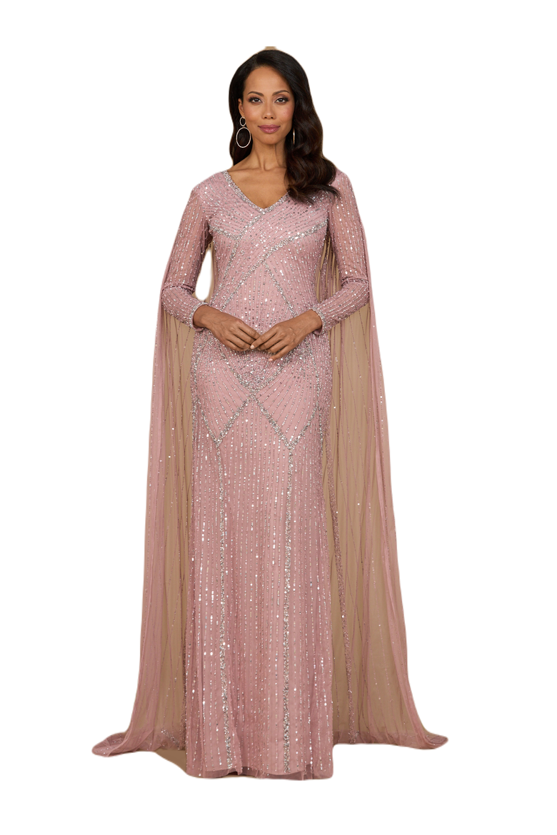 Long Sleeve Beaded Gown with Cape, Main, color, Cashmere