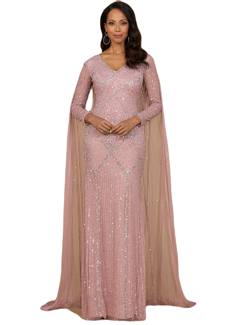 Long Sleeve Beaded Gown with Cape