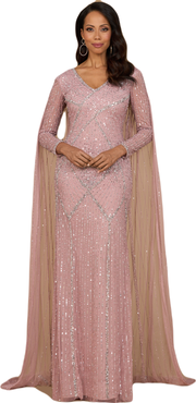 LARA New York Long Sleeve Beaded Gown with Cape