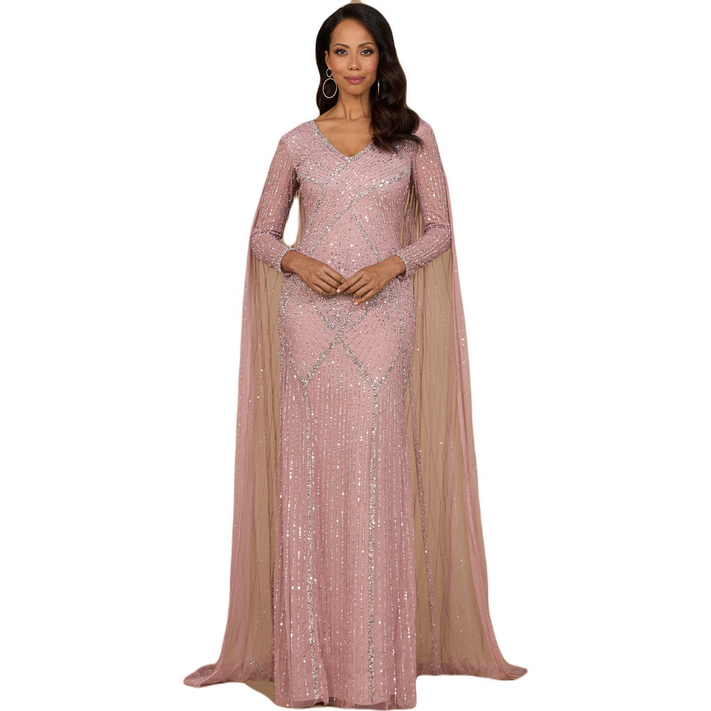 Lara New York Long Sleeve Beaded Gown With Cape In Cashmere