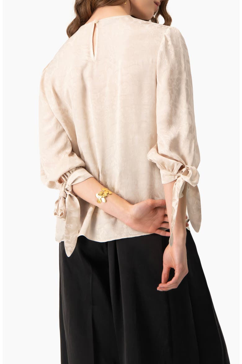Floral Jacquard Tie-Cuff Blouse with Three-Quarter Sleeve, Alternate, color, Beige