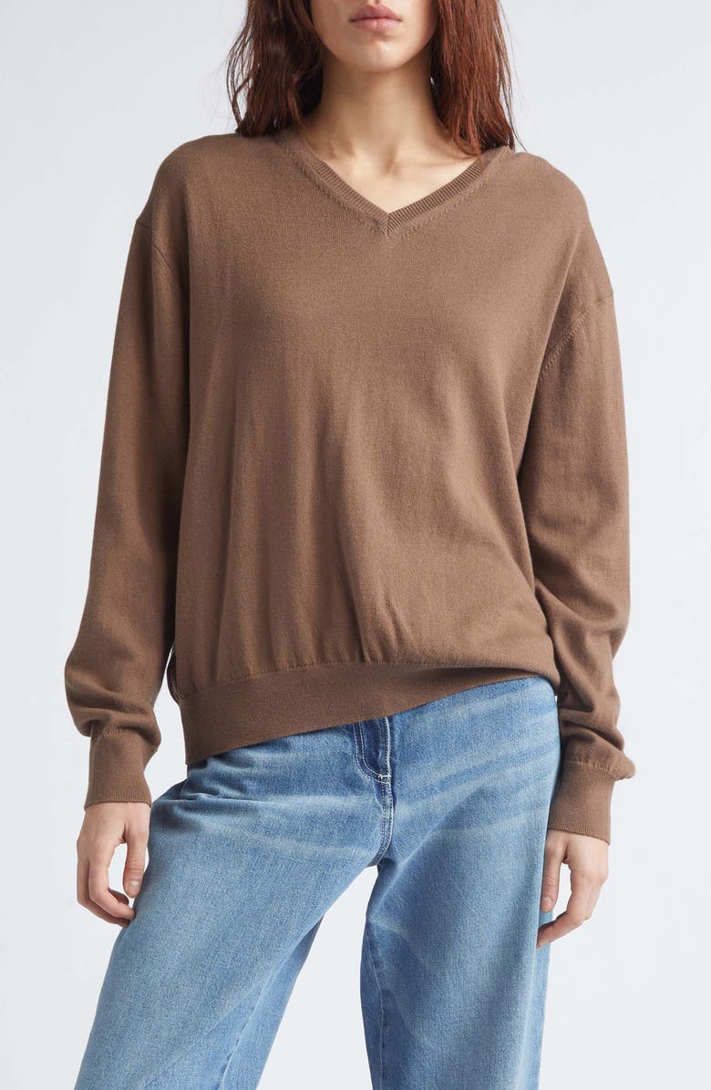 JULIE KEGELS Glitter Elbow Patch Cotton & Cashmere Sweater, Main, color, Brown