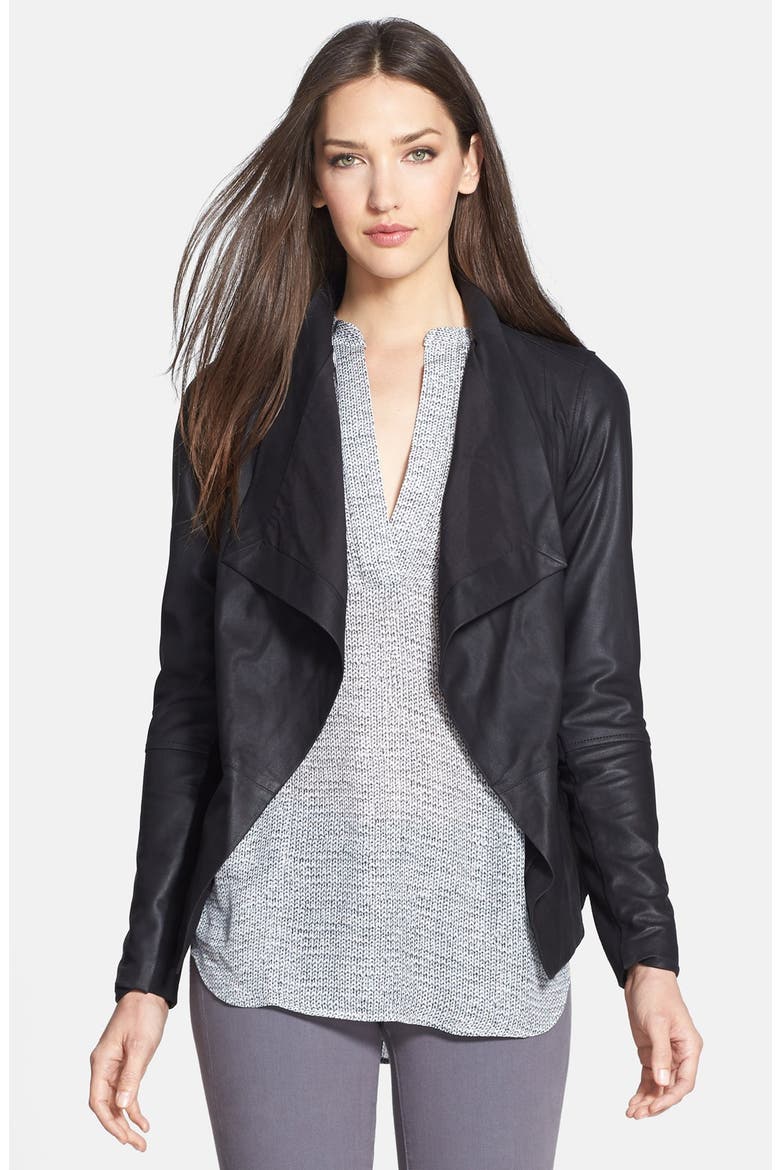 Drape Neck Leather Jacket, Main, color, BLACK