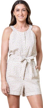 Hope & Henry Women's Sleeveless Linen Button Front Halter Romper