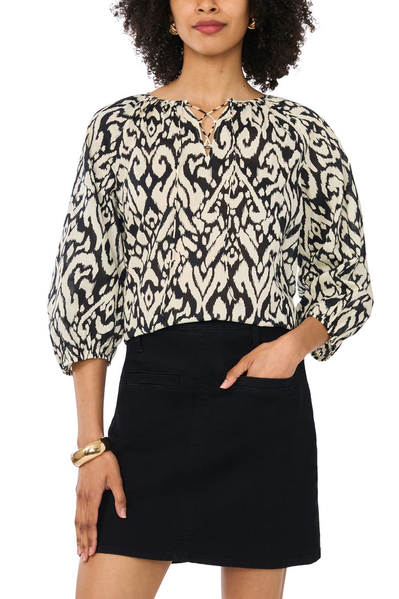Print Lace Up Top, Main, color, RICH BLACK