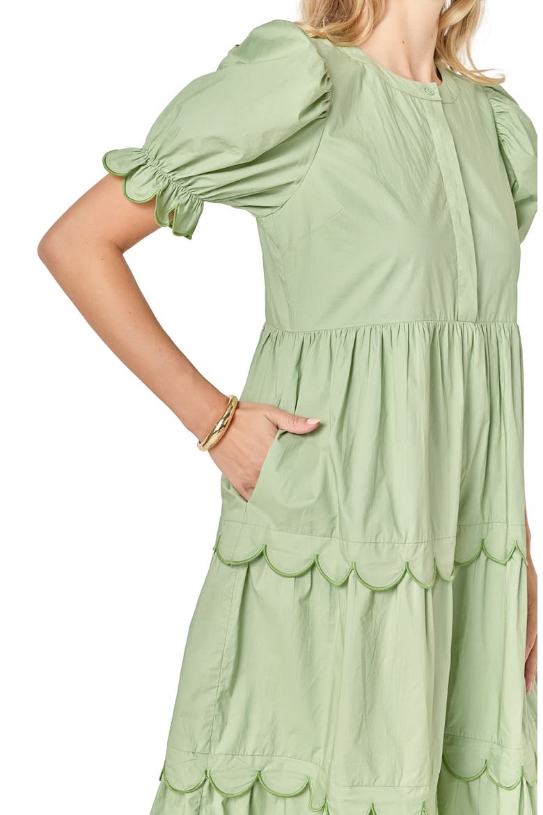 Contrast Scalloped Trim Cotton Midi Dress, Alternate, color, SAGE/ GREEN