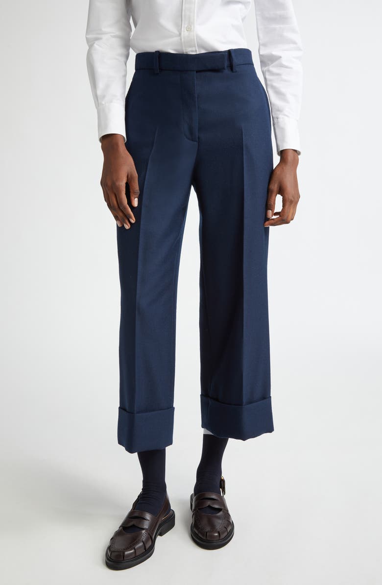 Thom Browne Sack Cuff Wool Twill Trousers, Main, color, Navy