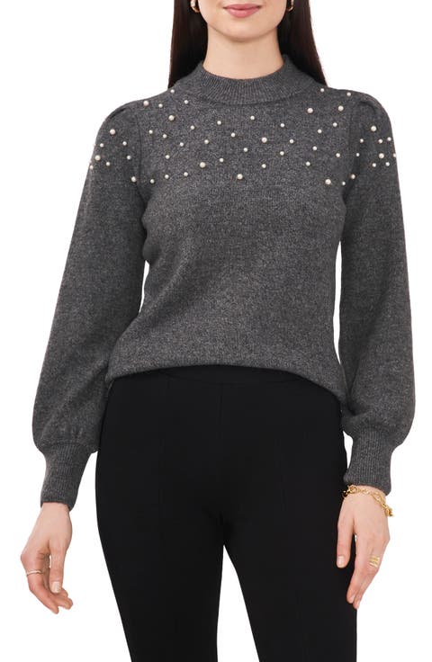 Imitation Pearl Puff Shoulder Sweater
